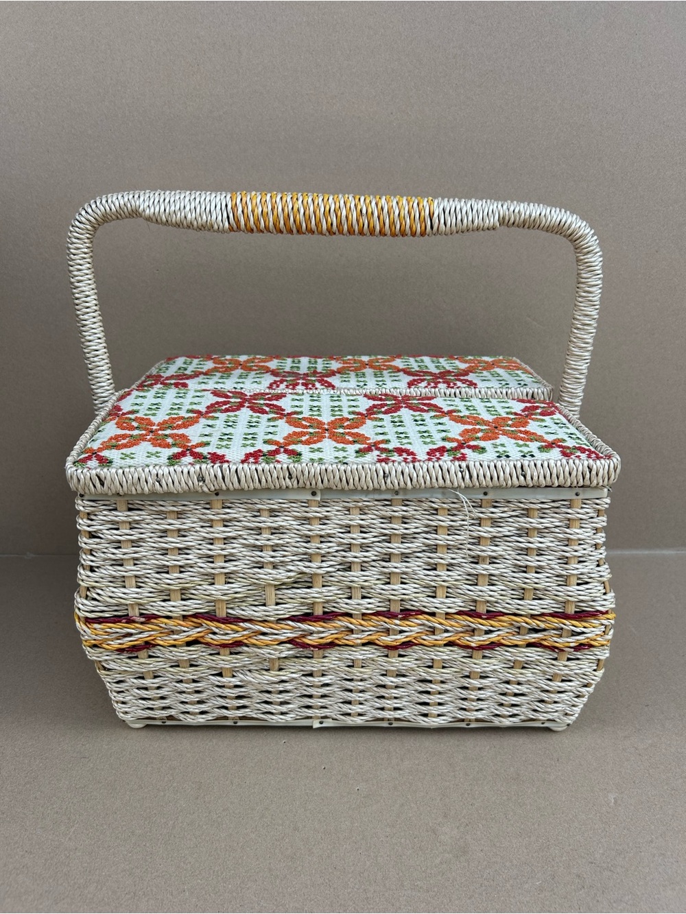 Vintage Wicker Sewing Basket Embroidered Needlepoint Lid Storage Box 70s Handle